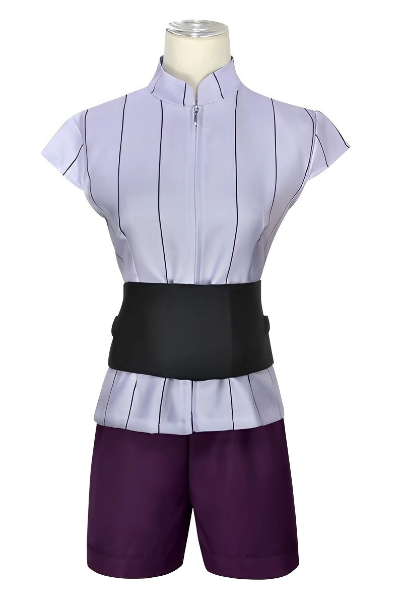 Front view of Kabuto Cosplay Costume featuring light purple top with black waist belt and dark purple shorts