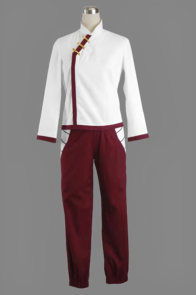 Front view of Lee Sin Cosplay Costume featuring a white top with red trim and matching red pants for anime and game fans.