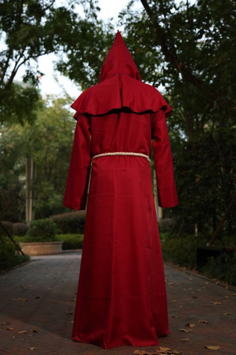 A red monk robe costume with a hood and rope belt, designed for bulk supply.