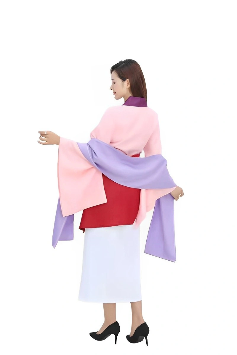 Back view of Mulan Costume showing wide purple and pink sleeves with red waist sash.