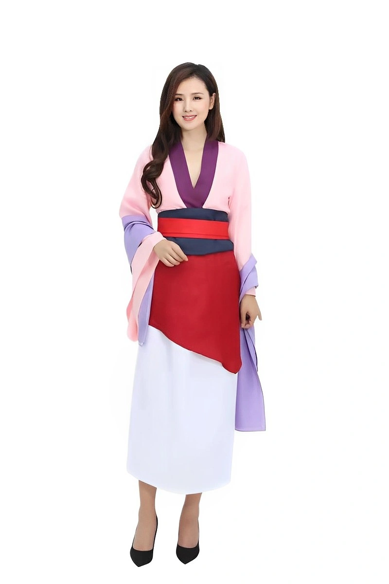 Model wearing Mulan Costume in pink, purple, and red Hanfu style with long white skirt and V-neck design.
