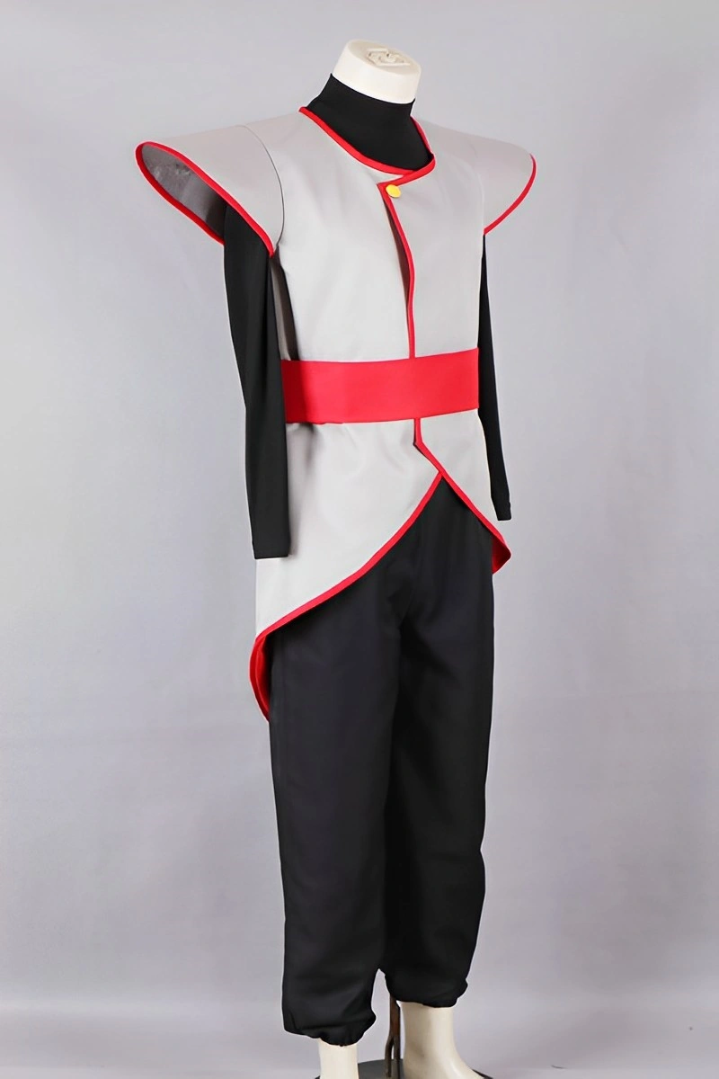 Detailed angled view of Naruto ANBU Cosplay Costume featuring red belt and gray tunic with bold red edging