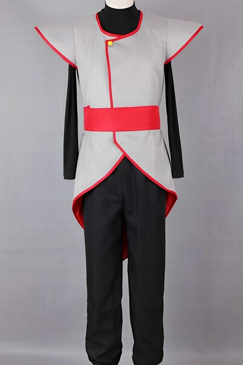 Front view of Naruto ANBU Cosplay Costume featuring gray tunic with red trim and black undershirt