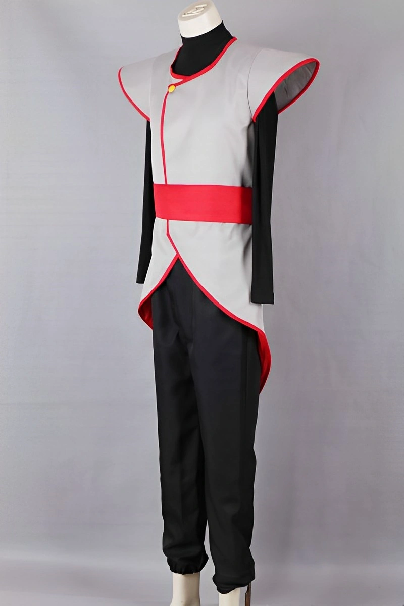Side view of Naruto ANBU Cosplay Costume showing layered gray tunic with red trim and black trousers