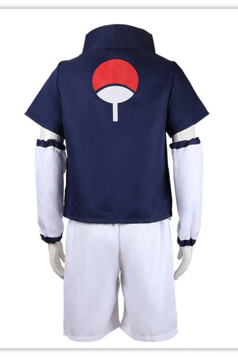 Back view of Naruto Sasuke costume featuring navy top with Uchiha clan logo and white shorts.