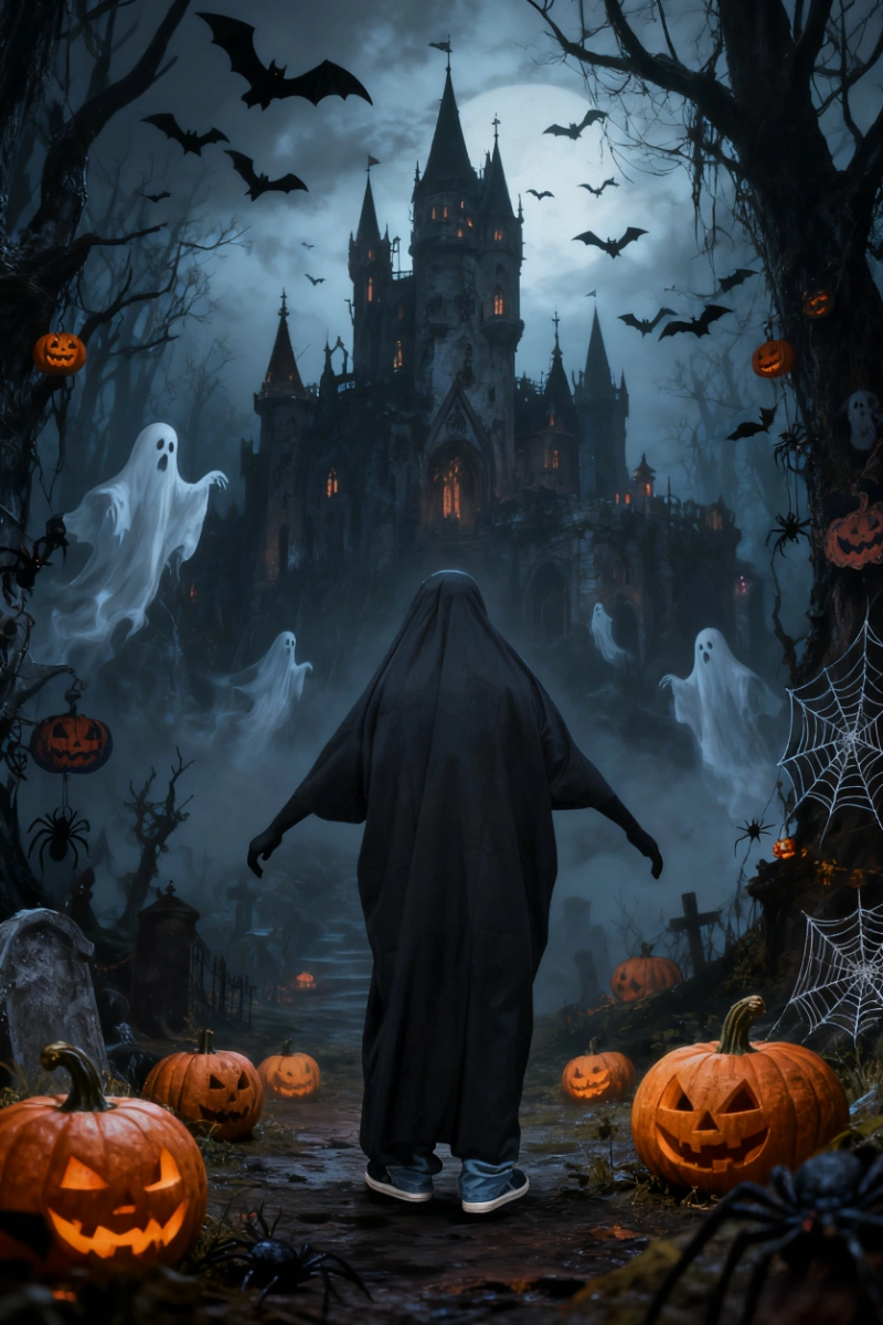 Back view of No Face Anime Cosplay Costume with flowing black robe in Halloween castle setting