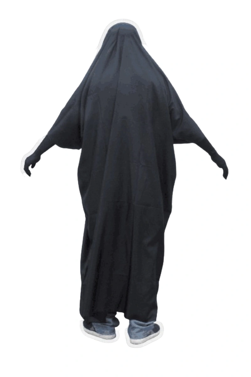 Back view of No Face Anime Cosplay Costume showing full black robe design