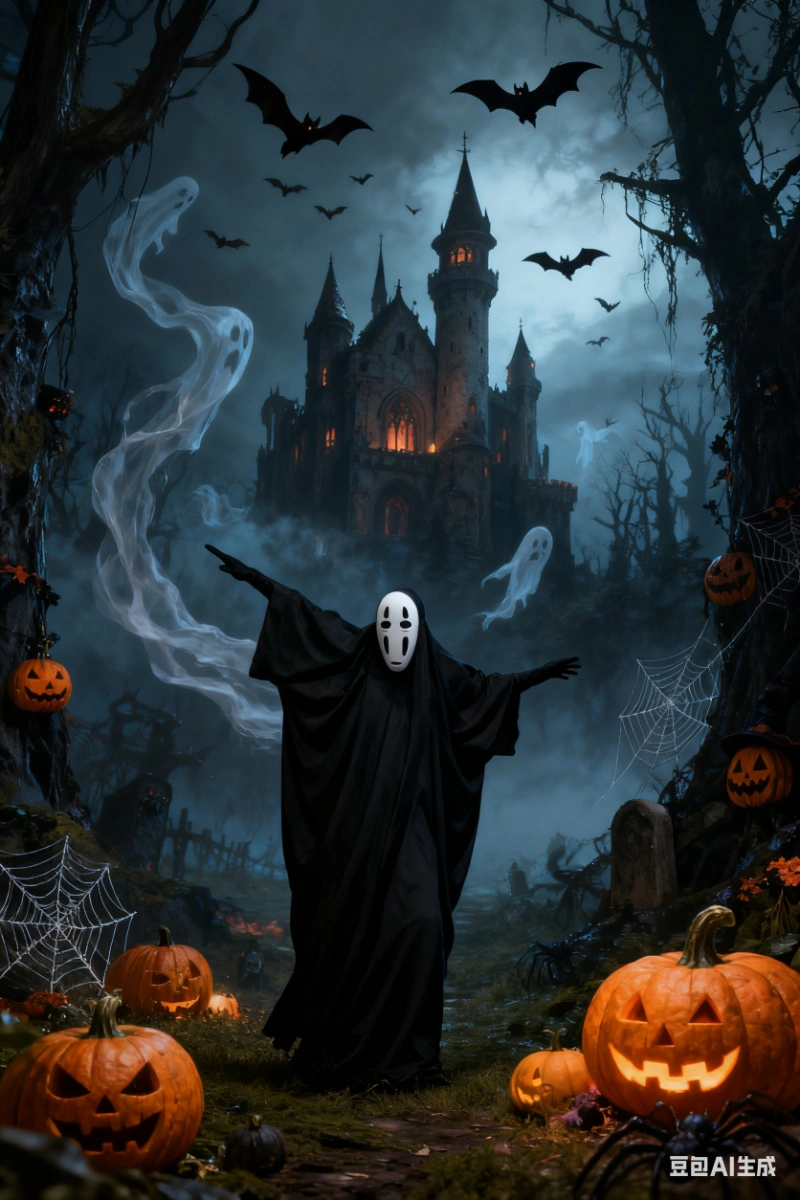 No Face Anime Cosplay Costume with arms outstretched in haunted forest full of pumpkins and ghosts