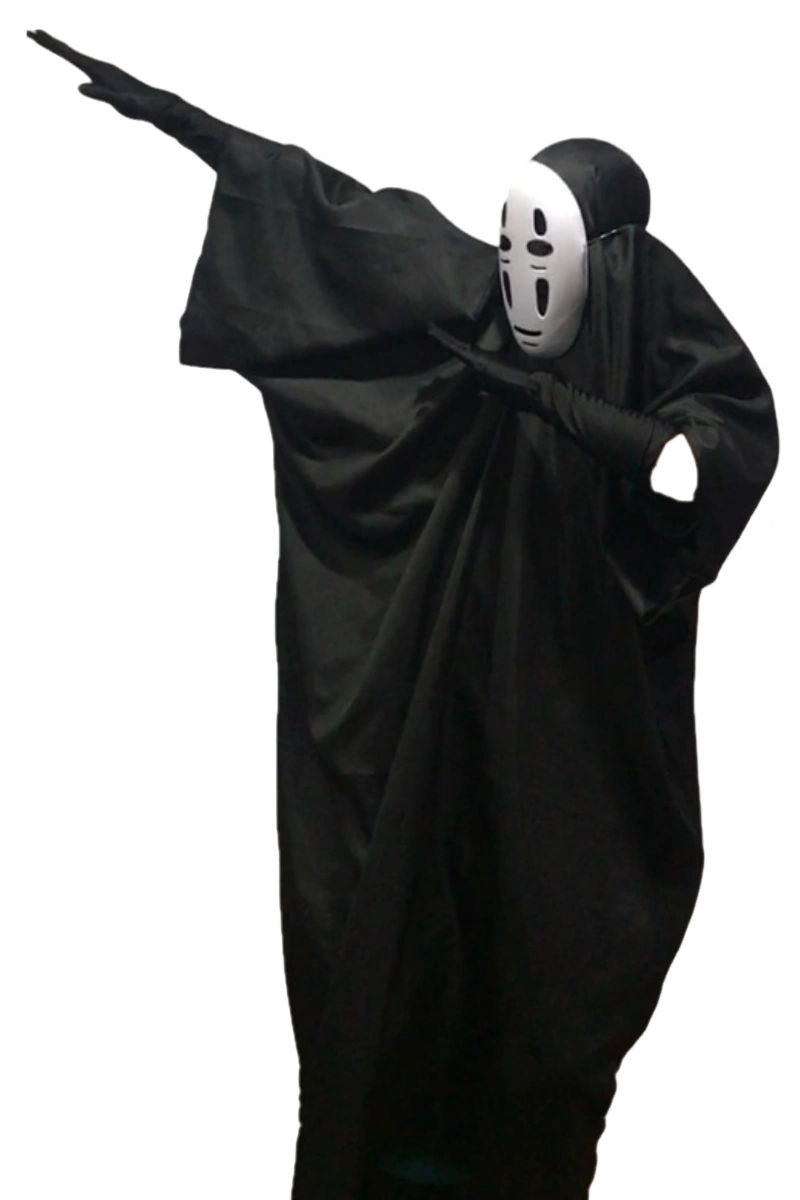 Model dressed in No Face Anime Cosplay Costume striking a dynamic Halloween pose