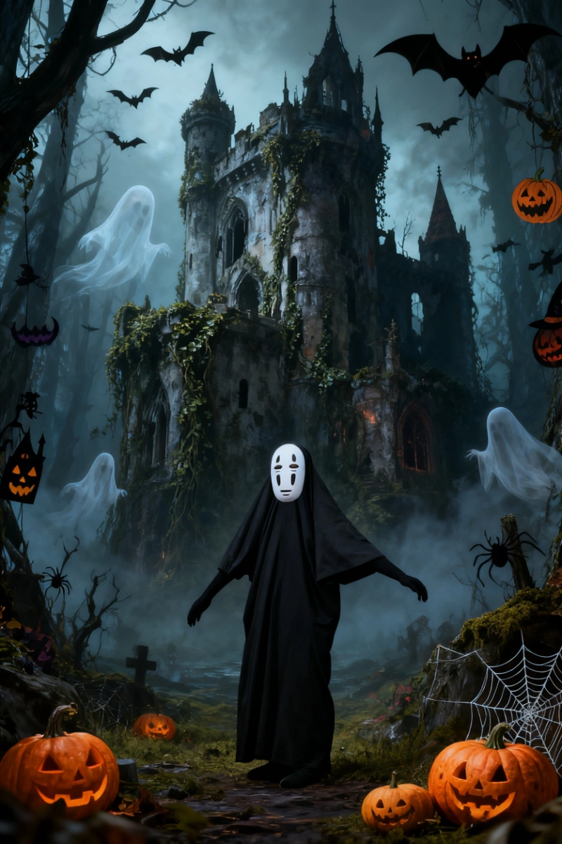 No Face Anime Cosplay Costume character standing in front of castle with bats and pumpkins