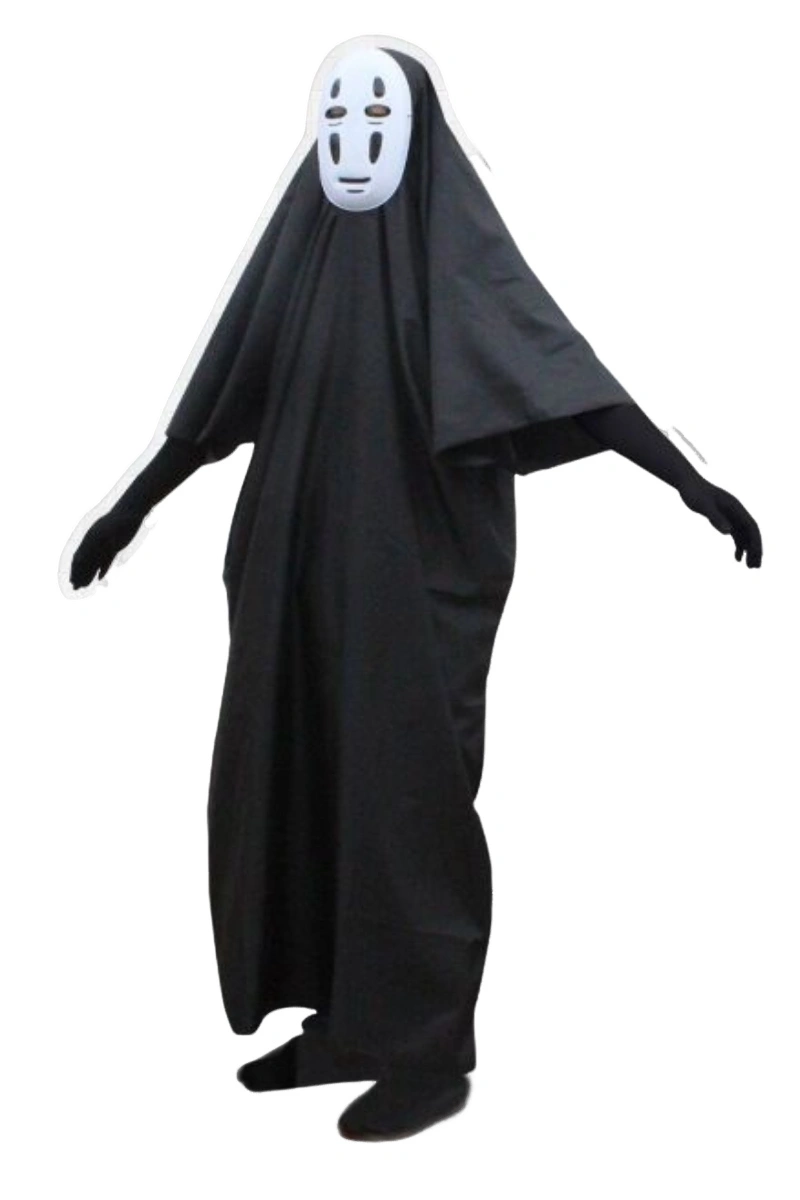 No Face Anime Cosplay Costume featuring long black robe and traditional mask