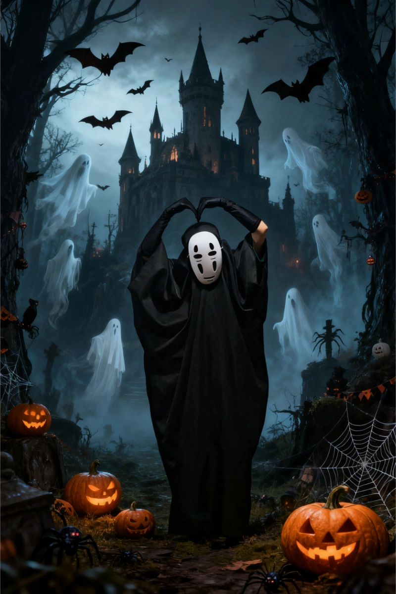 Model wearing No Face Anime Cosplay Costume in front of haunted castle with pumpkins and ghosts