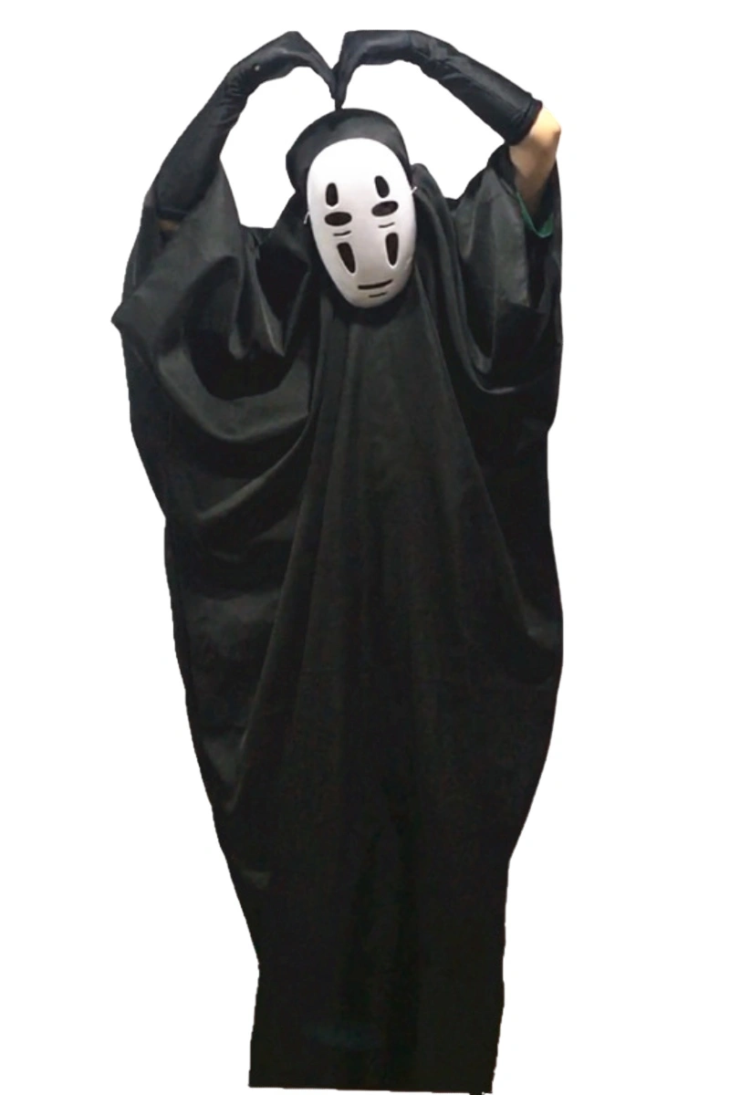 Person wearing No Face Anime Cosplay Costume in black robe making a heart pose