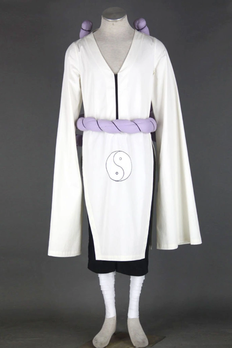 Front view of Orochimaru Cosplay Costume with white robe, yin yang symbol, and purple rope belt