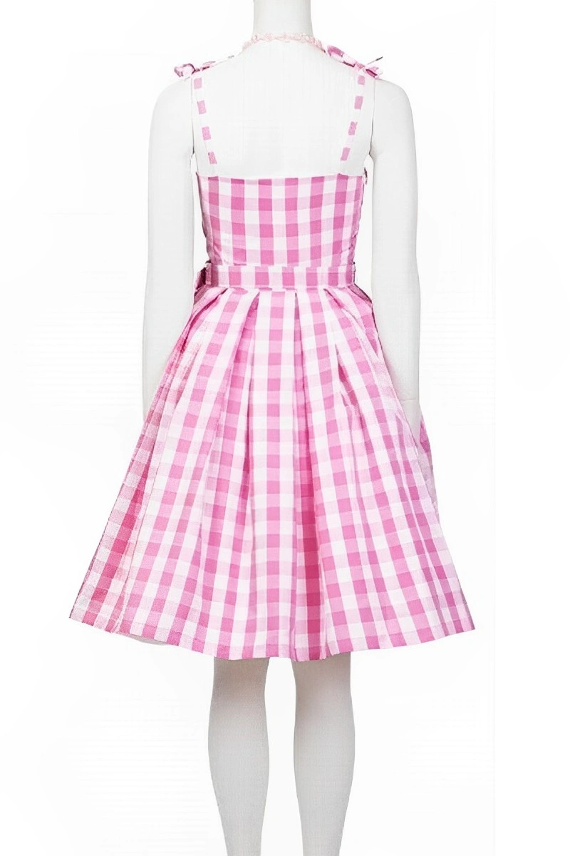 Back view of Pink Gingham School Girl Costume featuring sleeveless straps and flared skirt.