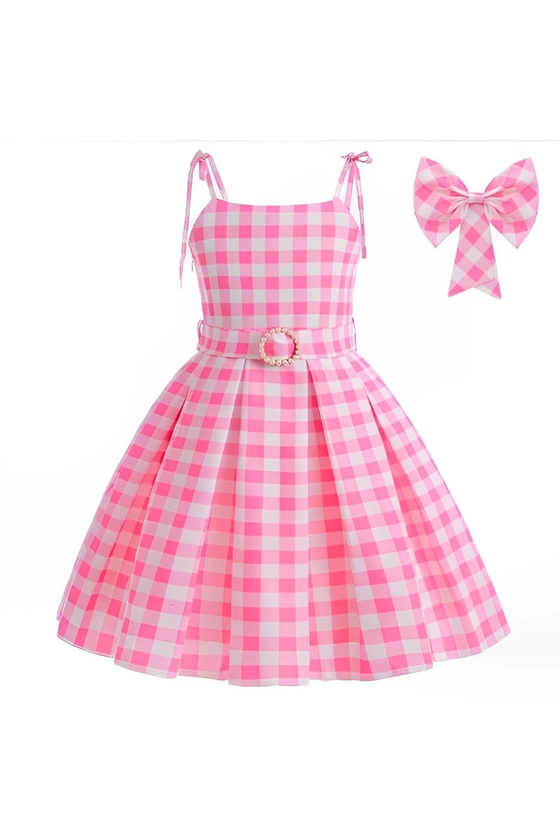 Complete Pink Gingham School Girl Costume including belted dress and matching gingham hair bow.