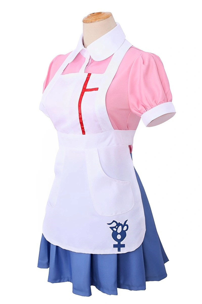 Side view of Pink and Blue Maid Costume with white apron and red trim details