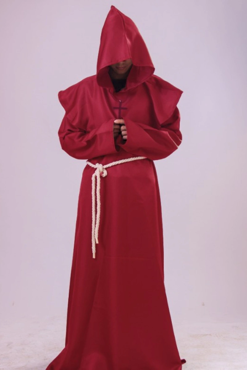 A red monk robe costume with hood and rope belt, made for cosplay and wholesale supply.