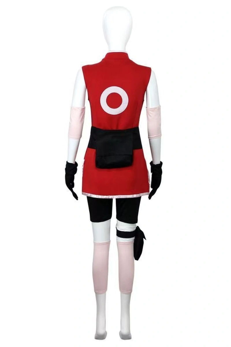 Back view of Sakura Cosplay Costume with red sleeveless top, black shorts, leg guards, and gloves