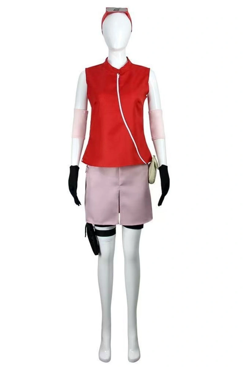 Front view of Sakura Cosplay Costume featuring red top, pink skirt, black gloves, and cosplay headband