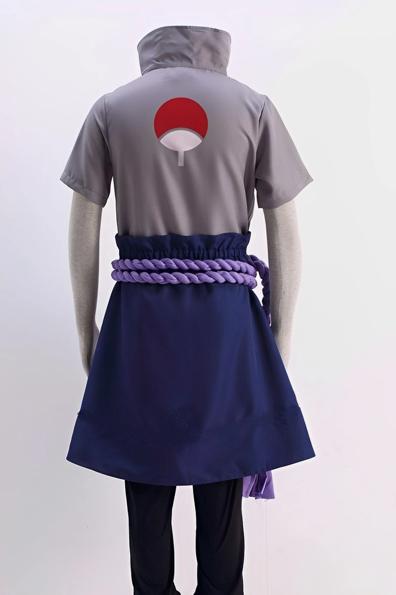 Full back view of Sasuke Cosplay Costume featuring grey short-sleeve top with Uchiha clan symbol, navy skirt layer, and purple rope belt.