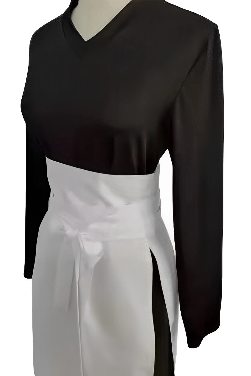 Sexy Maid Costume featuring a sleek black long-sleeve dress paired with a tied white apron, perfect for wholesale buyers.