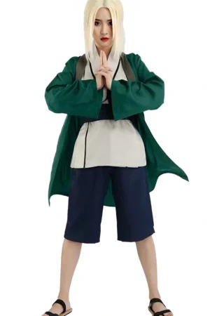 Front view of Tsunade Cosplay Costume with green cloak, beige top, navy pants, and hand pose