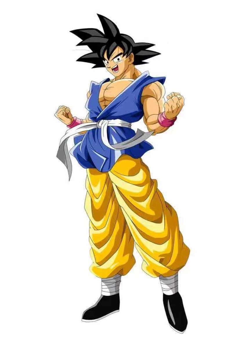 Anime illustration of Vegito Costume featuring a blue sleeveless top, yellow pants, white belt, and pink wristbands from Dragon Ball series.