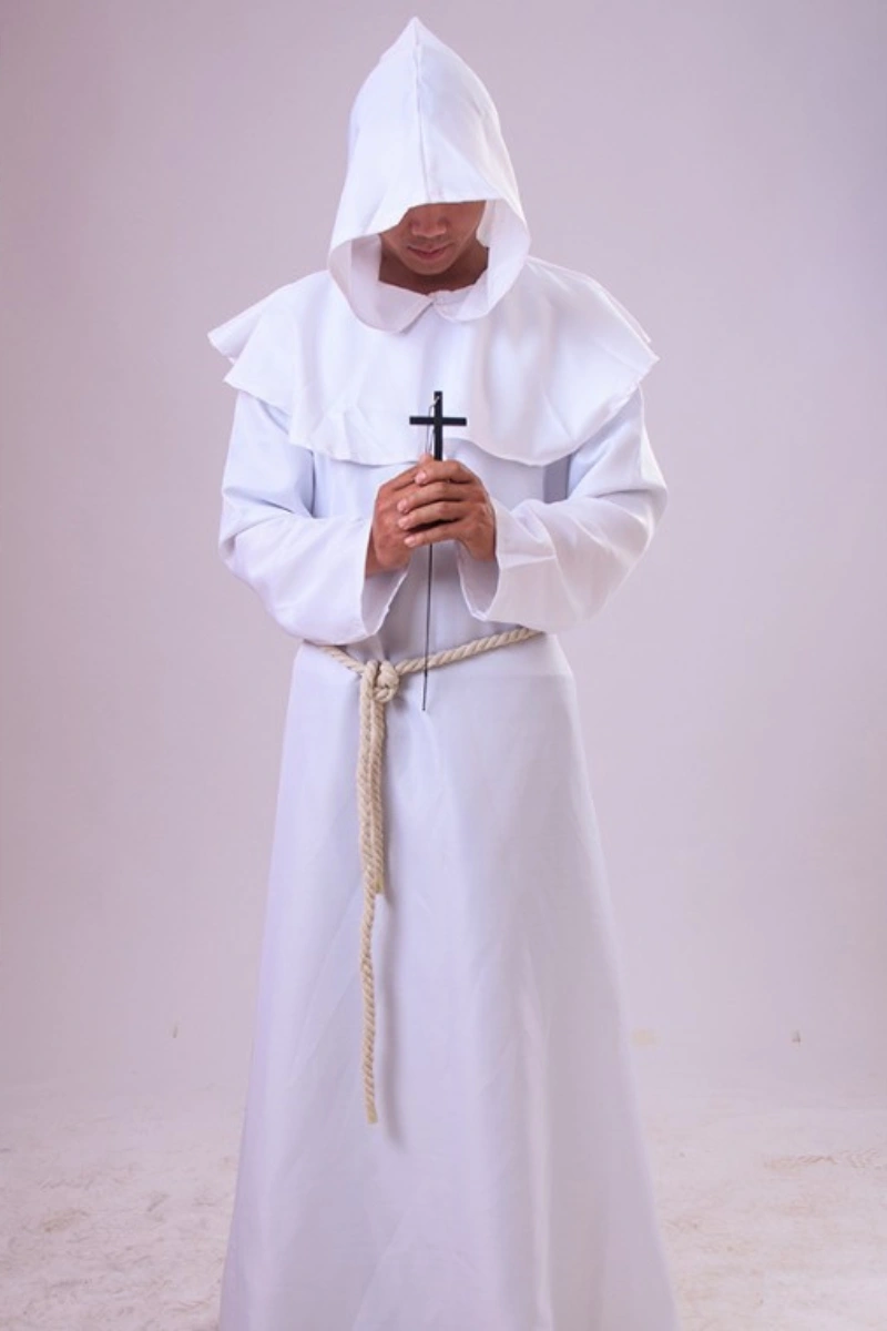 A white monk robe costume featuring a hood and rope belt, styled with a cross accessory.