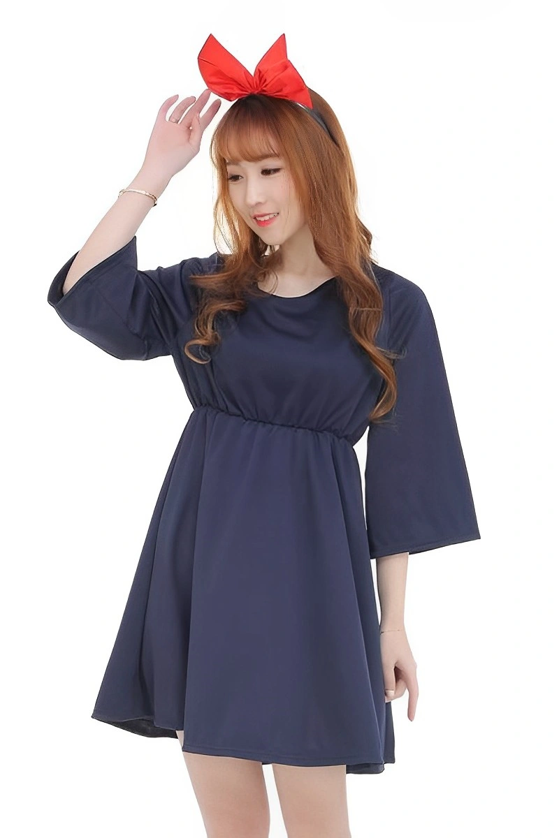 Front view of navy school girl costume dress styled with red ribbon bow headband