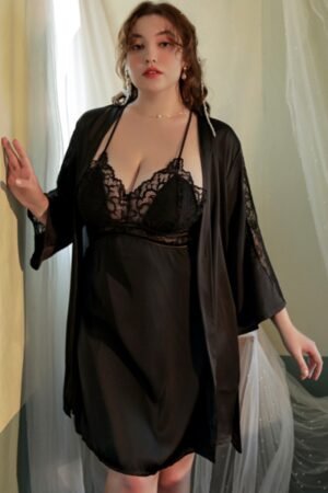 Alt text：custom Short Sexy Nightgown in black with lace trim and matching robe