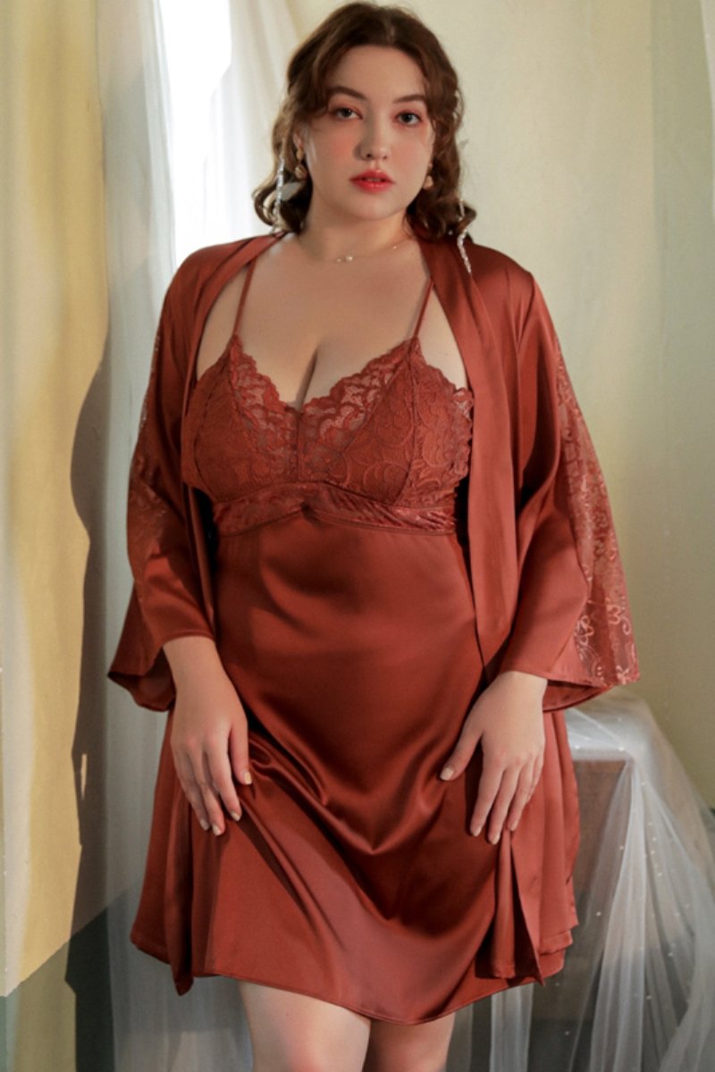 Alt text:custom Short Sexy Nightgown in rust satin with lace robe for plus size women