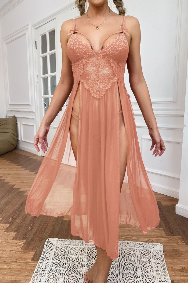 Alt: Apricot bulk silk Lace Pajamas with embroidered lace bodice