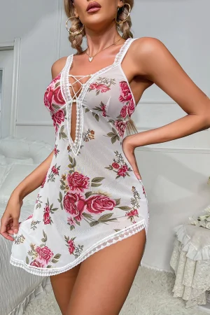 B2B lace Pajamas dress with deep V-neck and red floral design