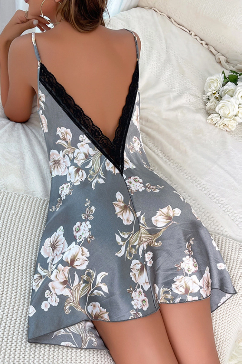 b2b short lace pajamas with floral print and deep V back