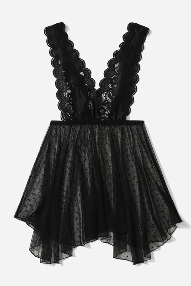 Classic black b2b silk and lace pajamas with sheer mesh skirt