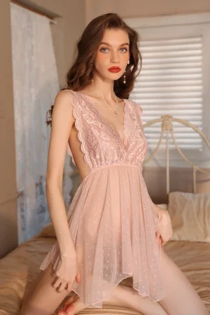 Soft pink b2b silk and lace pajamas with deep V-neck lace design