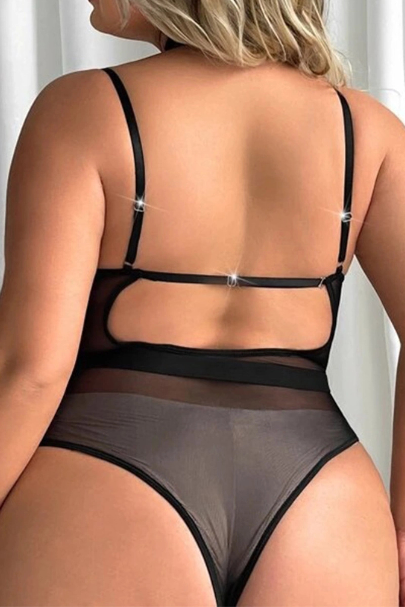 Rear view of black lace pajamas showing sheer back design with minimal strap detailing