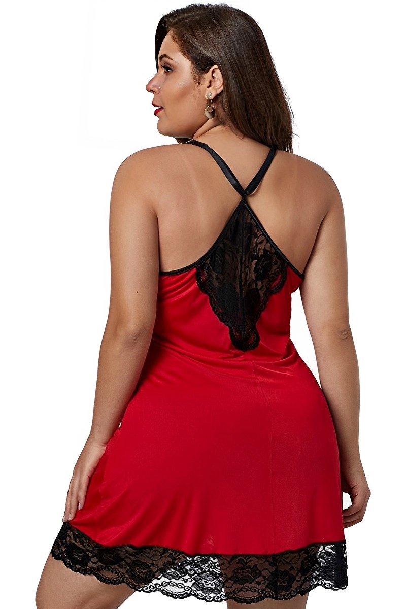 Alt: Rear view of red oem cotton and lace pajamas with black lace triangle panel