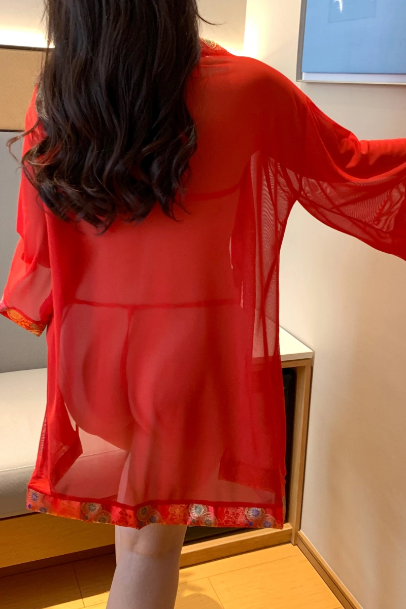 Back side of sheer red b2b Lace Pajamas featuring flowing robe