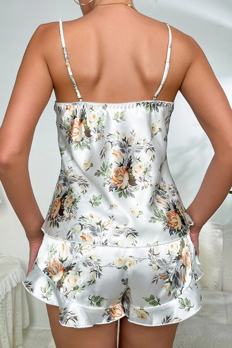 back view of wholesale sexy Lace Pajamas in white floral satin