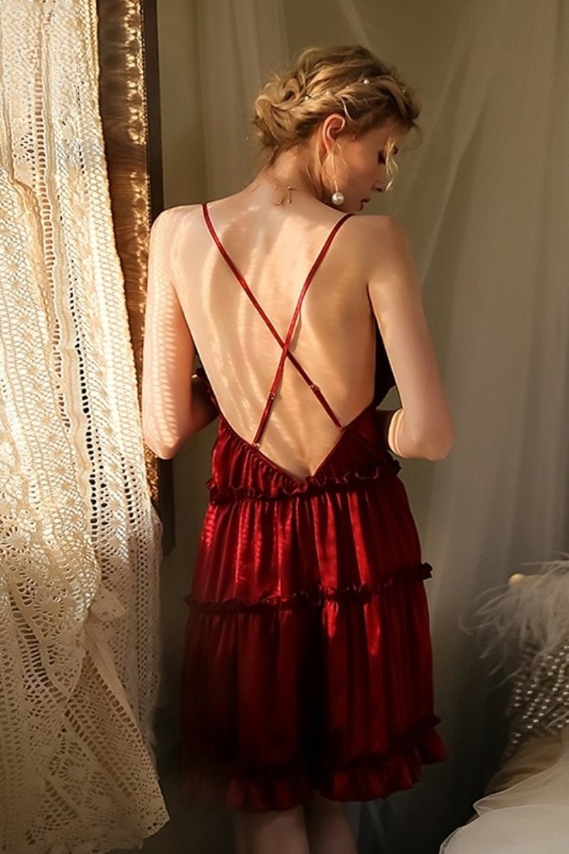 Alt Text: Backless deep red satin b2b Lace Pajamas for women with crisscross straps