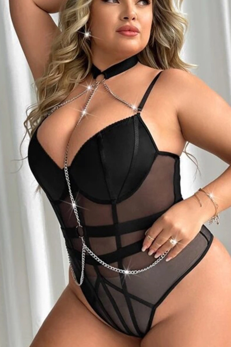 Black lace pajamas with body-hugging sheer fabric and decorative harness worn by a curvy model