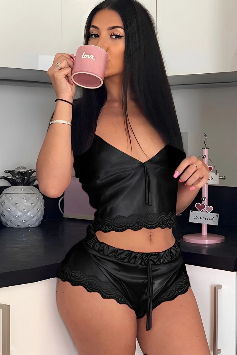 Alt:b2b Lace Pajamas for women in black with adjustable straps and lace hem