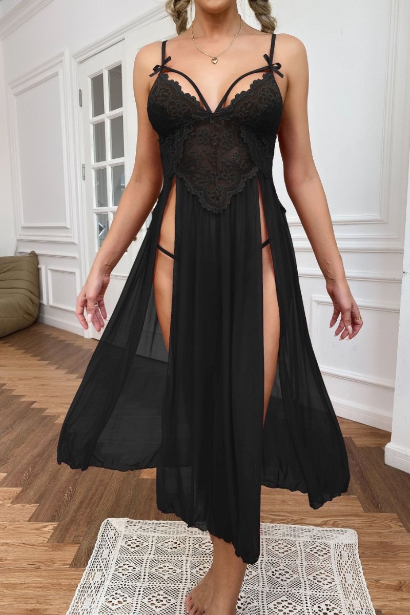 Alt: Black bulk silk Lace Pajamas featuring lace cups and high slits