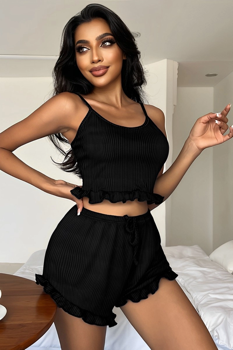 Black custom Lace Pajamas two-piece with ruffle hem crop top and shorts