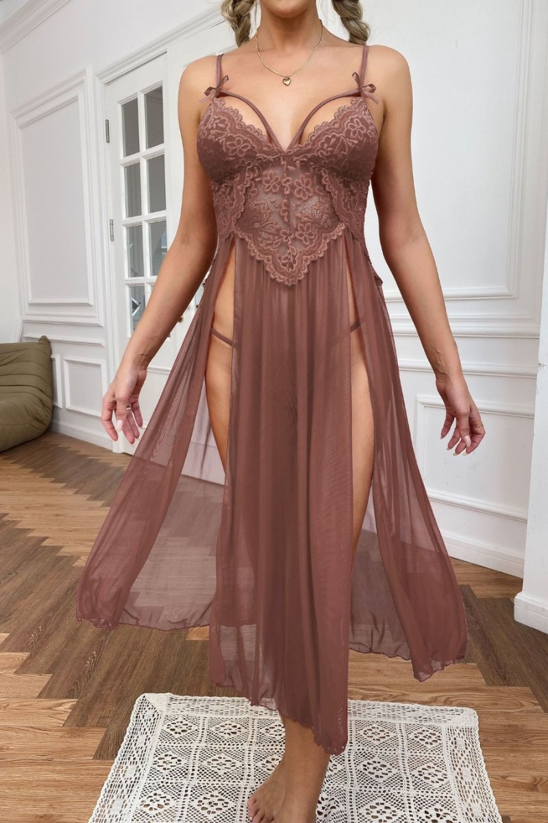 Alt: Brown bulk silk Lace Pajamas with full lace bust and sheer flow