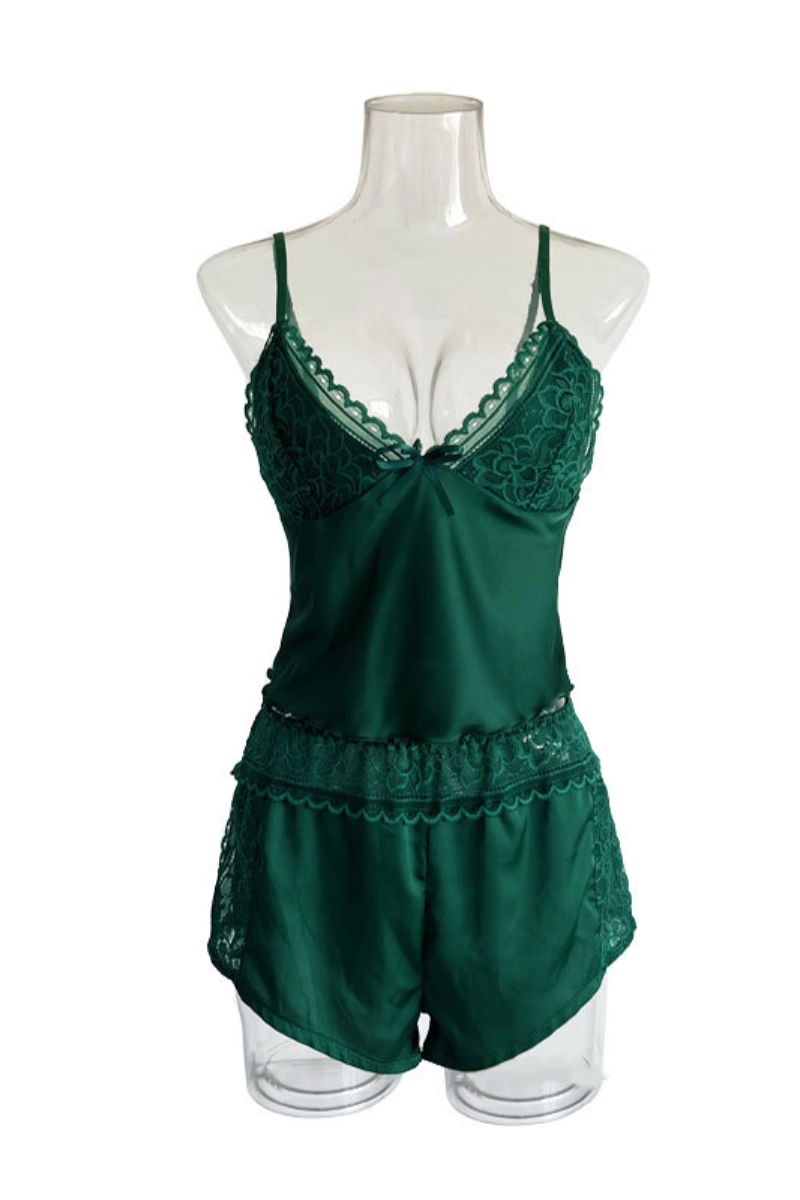 Alt:deep green custom cotton Lace Pajamas with floral lace