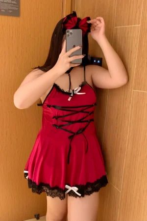 Alt Text：Custom lace chemise pajamas in red with black lace and bow accents