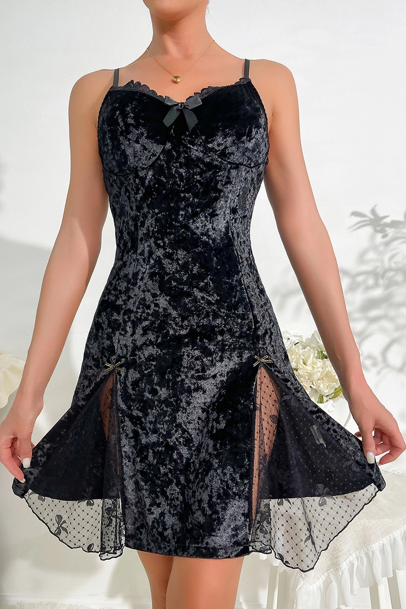 Model in custom short lace pajamas with velvet texture and mesh lace